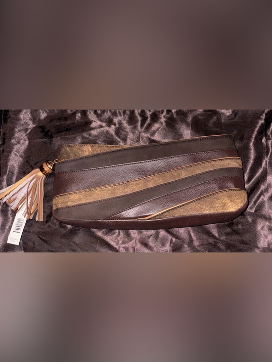 Giani Bernini Handbags - Giani Bernini Brown and Tan Striped Leather Clutch with Tassel